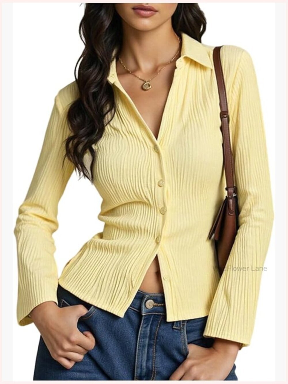 Women's Long Sleeve Textured Button Down Collared Shirt